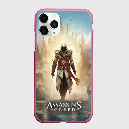 Чехол iPhone 11 Pro матовый Assassins creed на фоне дворца / 3D-Малиновый – фото 1