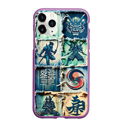 Чехол iPhone 11 Pro матовый Самураи на пэчворк дениме, цвет: 3D-фиолетовый
