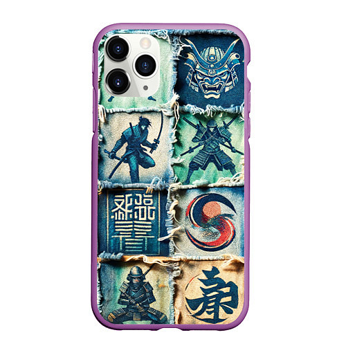Чехол iPhone 11 Pro матовый Самураи на пэчворк дениме / 3D-Фиолетовый – фото 1