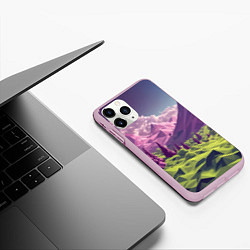 Чехол iPhone 11 Pro матовый Геометрический зеленый пейзаж и фиолетовые горы, цвет: 3D-розовый — фото 2