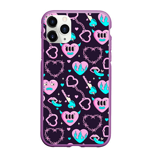 Чехол iPhone 11 Pro матовый Узор сердец и колючих проволок / 3D-Фиолетовый – фото 1