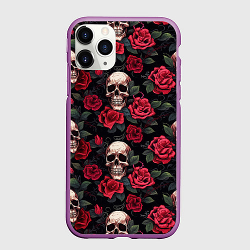 Чехол iPhone 11 Pro матовый Черепа и алые розы / 3D-Фиолетовый – фото 1