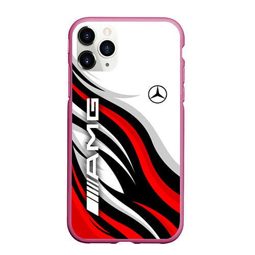 Чехол iPhone 11 Pro матовый Mercedes benz AMG - белый с красным / 3D-Малиновый – фото 1