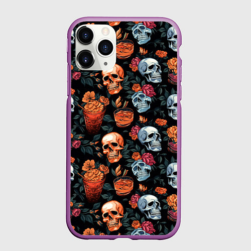 Чехол iPhone 11 Pro матовый Весёлые черепа в кустах / 3D-Фиолетовый – фото 1