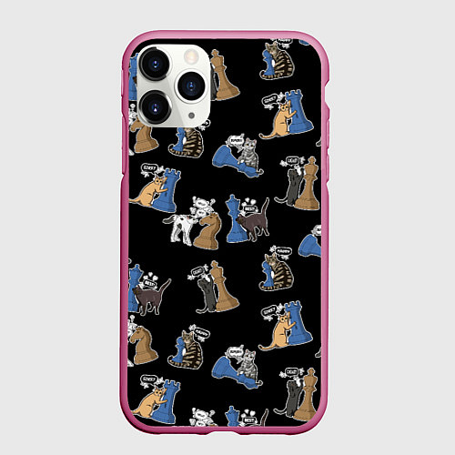 Чехол iPhone 11 Pro матовый Котики и шахматы на черном / 3D-Малиновый – фото 1