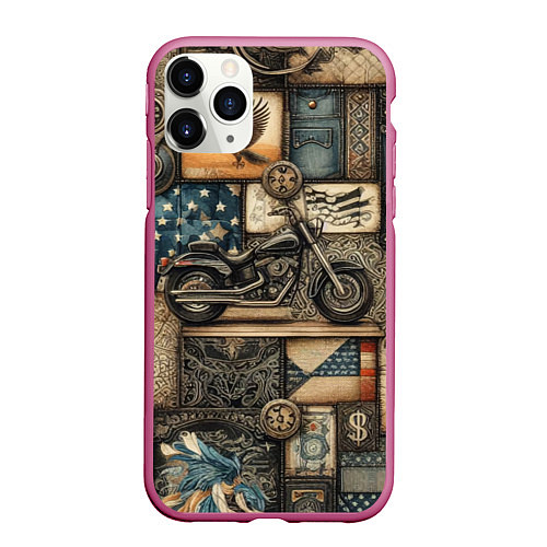 Чехол iPhone 11 Pro матовый Patchwork with a motorcycle - ai art / 3D-Малиновый – фото 1