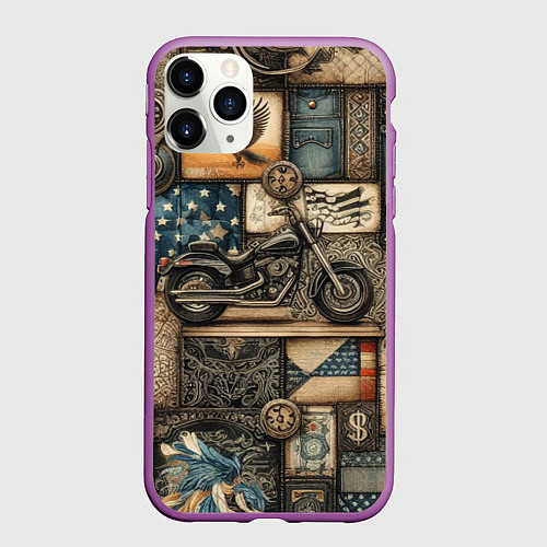 Чехол iPhone 11 Pro матовый Patchwork with a motorcycle - ai art / 3D-Фиолетовый – фото 1
