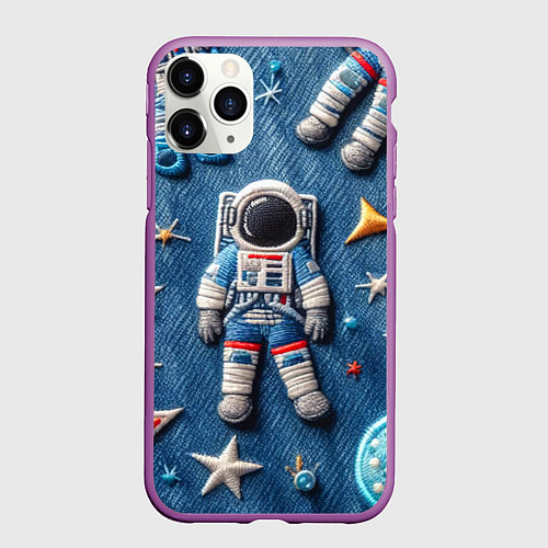 Чехол iPhone 11 Pro матовый Космонавт - вышивка по джинсе нейросеть / 3D-Фиолетовый – фото 1