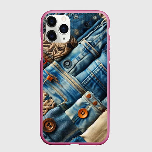 Чехол iPhone 11 Pro матовый Джинсовый пэчворк с пуговицами - мода / 3D-Малиновый – фото 1