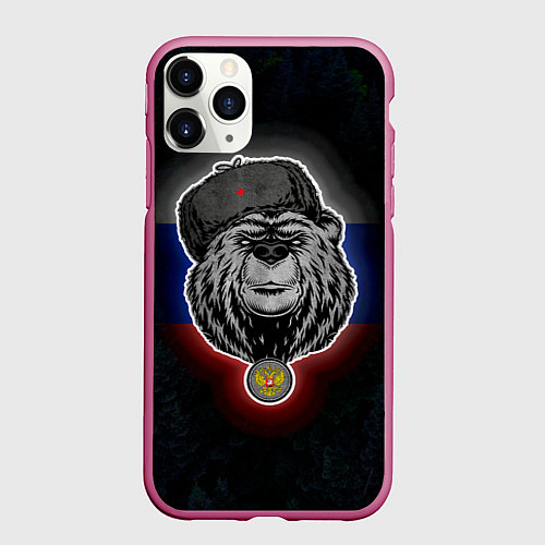 Чехол iPhone 11 Pro матовый Медведь с символикой РФ / 3D-Малиновый – фото 1