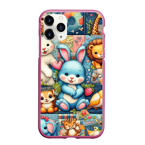 Чехол iPhone 11 Pro матовый Funny hare and his friends - patchwork / 3D-Малиновый – фото 1