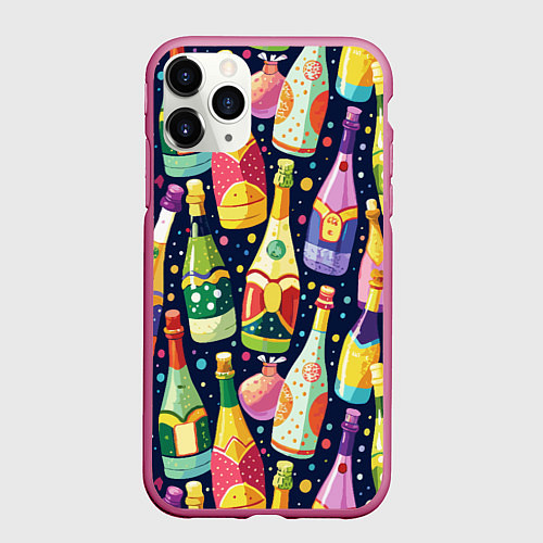 Чехол iPhone 11 Pro матовый Бутылки шампанского -вино водочный паттерн / 3D-Малиновый – фото 1