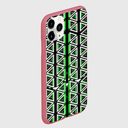 Чехол iPhone 11 Pro матовый Бело-зелёные треугольники на чёрном фоне, цвет: 3D-малиновый — фото 2