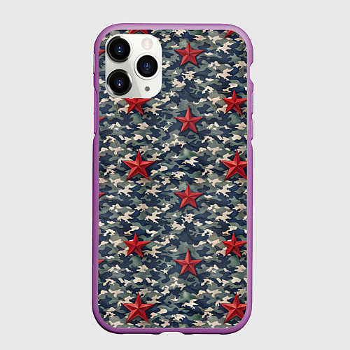 Чехол iPhone 11 Pro матовый Красные звезды на камуфляже / 3D-Фиолетовый – фото 1