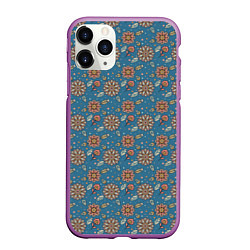 Чехол iPhone 11 Pro матовый Цветочный узор в стиле бохо на синем, цвет: 3D-фиолетовый