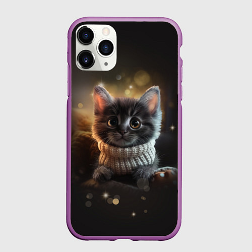 Чехол iPhone 11 Pro матовый Котенок в свитере - нейросеть / 3D-Фиолетовый – фото 1