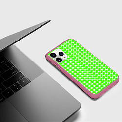 Чехол iPhone 11 Pro матовый Зелёные лепестки шестиугольники, цвет: 3D-малиновый — фото 2