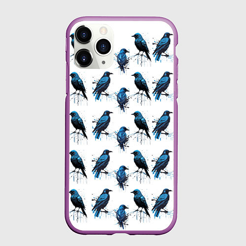 Чехол iPhone 11 Pro матовый Чёрно-синие вороны и капли краски / 3D-Фиолетовый – фото 1