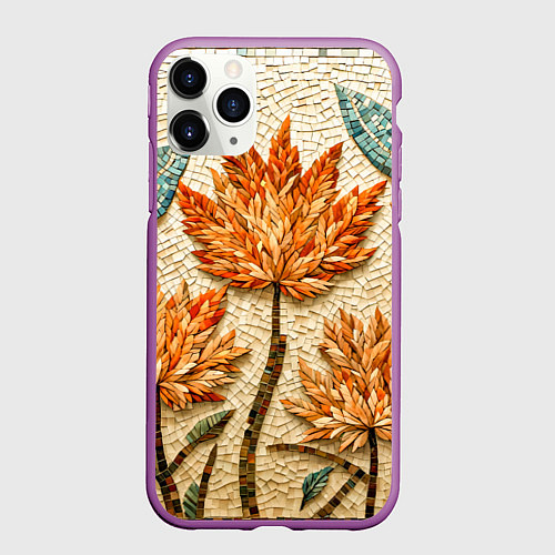 Чехол iPhone 11 Pro матовый Мозаика осенняя листва в теплых тонах / 3D-Фиолетовый – фото 1