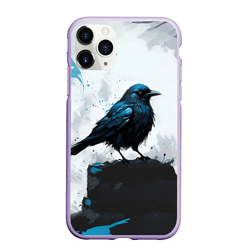 Чехол iPhone 11 Pro матовый Ворон с чёрно-голубым оперением / 3D-Светло-сиреневый – фото 1