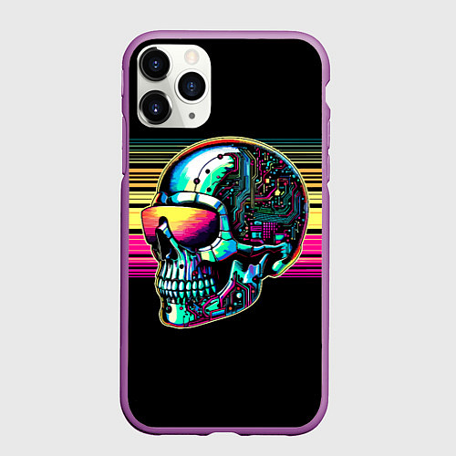 Чехол iPhone 11 Pro матовый Cyber skull - ai art fantasy / 3D-Фиолетовый – фото 1