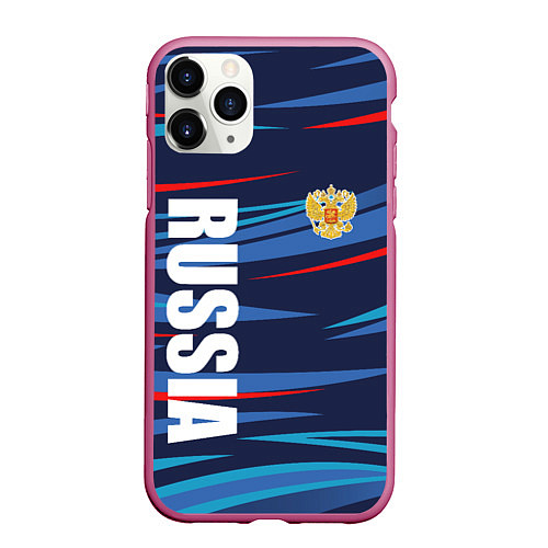 Чехол iPhone 11 Pro матовый Россия - blue stripes / 3D-Малиновый – фото 1