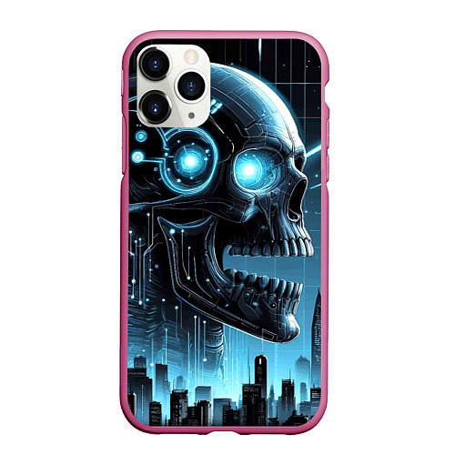 Чехол iPhone 11 Pro матовый Cyberpunk skull - metropolis neon glow / 3D-Малиновый – фото 1