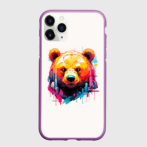Чехол iPhone 11 Pro матовый Мишка в городе: голова медведя на фоне красочного / 3D-Фиолетовый – фото 1
