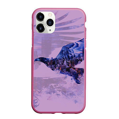 Чехол iPhone 11 Pro матовый Летящий орел и ночной город двойная экспозиция / 3D-Малиновый – фото 1
