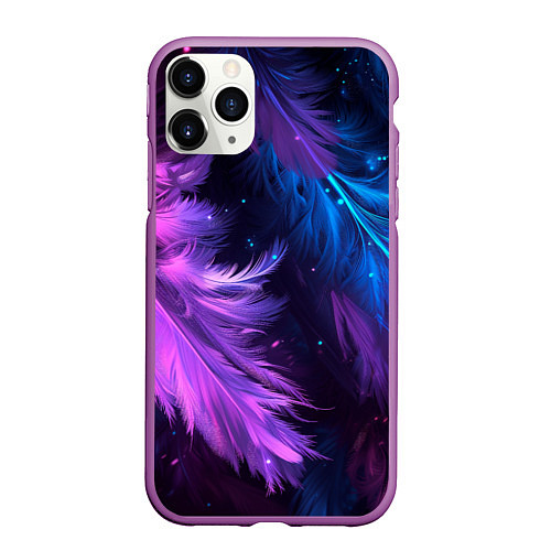 Чехол iPhone 11 Pro матовый Искрящиеся перья в розовых и голубых оттенках / 3D-Фиолетовый – фото 1