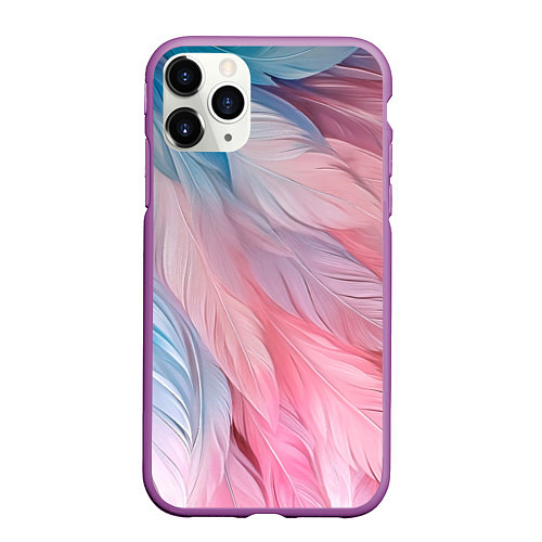 Чехол iPhone 11 Pro матовый Пастельно-голубые и розовые перья / 3D-Фиолетовый – фото 1