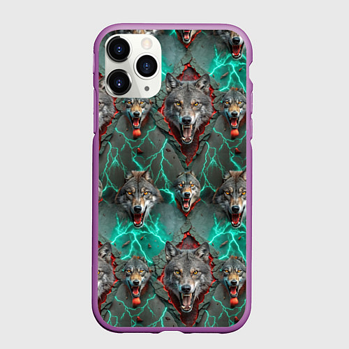 Чехол iPhone 11 Pro матовый Эпичный паттерн из волков / 3D-Фиолетовый – фото 1