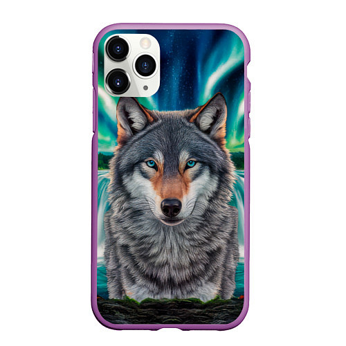 Чехол iPhone 11 Pro матовый Серый волк стоящий перед водопадом под северным си / 3D-Фиолетовый – фото 1