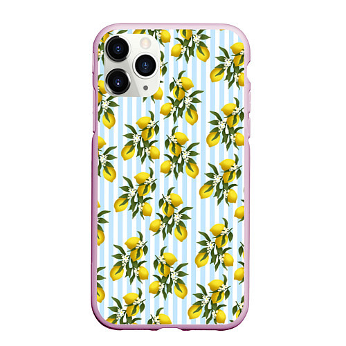Чехол iPhone 11 Pro матовый Ветка летних лимонов - голубые полосы / 3D-Розовый – фото 1
