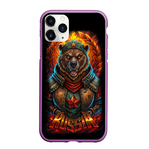 Чехол iPhone 11 Pro матовый Русский военный медведь солдат / 3D-Фиолетовый – фото 1
