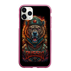 Чехол iPhone 11 Pro матовый Русский медведь солдат, цвет: 3D-малиновый