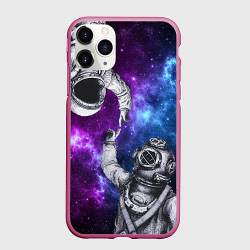Чехол iPhone 11 Pro матовый Сотворение космонавт и водолаз / 3D-Малиновый – фото 1