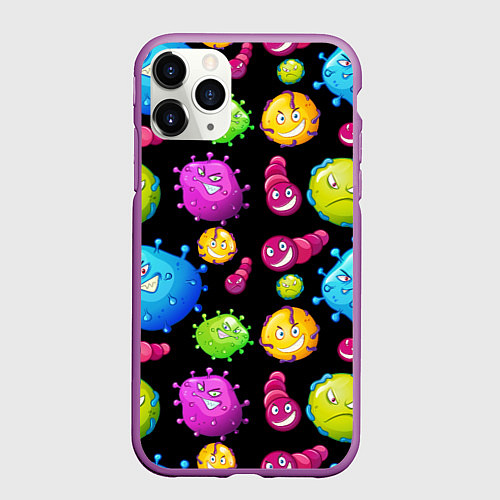 Чехол iPhone 11 Pro матовый Смешные бактерии паттерн / 3D-Фиолетовый – фото 1