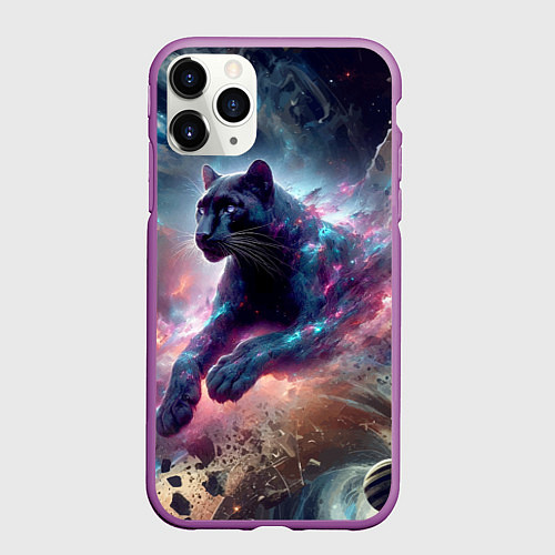 Чехол iPhone 11 Pro матовый Космическая пантера - нейросеть / 3D-Фиолетовый – фото 1