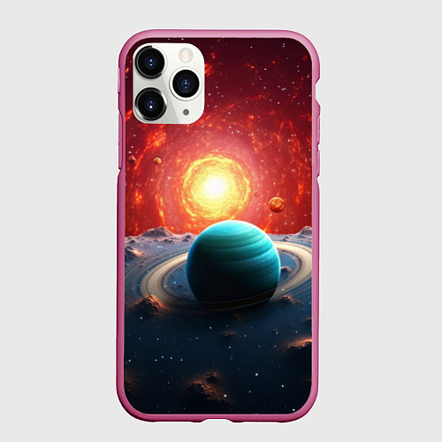 Чехол iPhone 11 Pro матовый Космос и разные планеты / 3D-Малиновый – фото 1