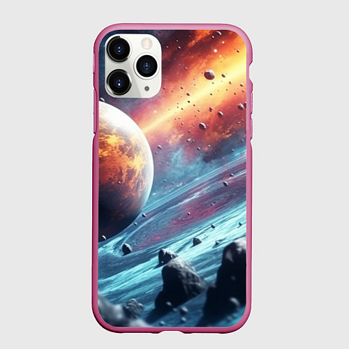 Чехол iPhone 11 Pro матовый Объемный космос и планеты / 3D-Малиновый – фото 1