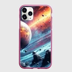 Чехол iPhone 11 Pro матовый Объемный космос и планеты, цвет: 3D-малиновый