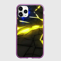 Чехол iPhone 11 Pro матовый Желтый на черном неон из разлома плит, цвет: 3D-фиолетовый