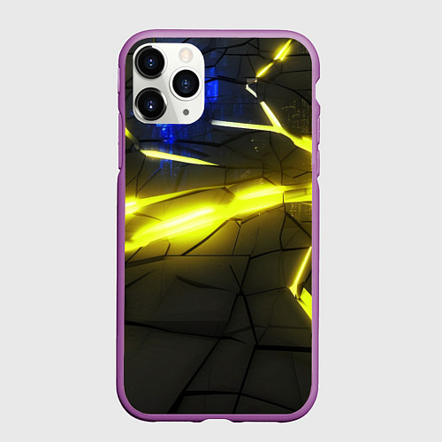Чехол iPhone 11 Pro матовый Желтый на черном неон из разлома плит / 3D-Фиолетовый – фото 1