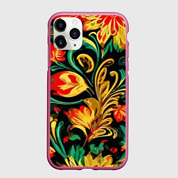 Чехол iPhone 11 Pro матовый Хохлома акварель, цвет: 3D-малиновый