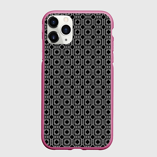 Чехол iPhone 11 Pro матовый Белый геометрический узор на черном фоне / 3D-Малиновый – фото 1