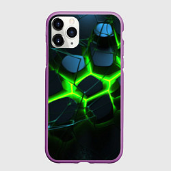 Чехол iPhone 11 Pro матовый Зеленый неон и разлом плит, цвет: 3D-фиолетовый