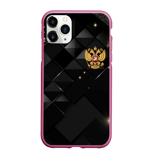 Чехол iPhone 11 Pro матовый Золотой герб России на черно-золотой текстуре / 3D-Малиновый – фото 1