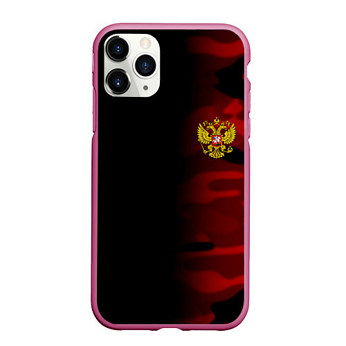 Чехол iPhone 11 Pro матовый Герб РФ камуфляжная тексткура / 3D-Малиновый – фото 1