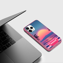 Чехол iPhone 11 Pro матовый Пальмы на шахматном полу с видом на закат, цвет: 3D-малиновый — фото 2